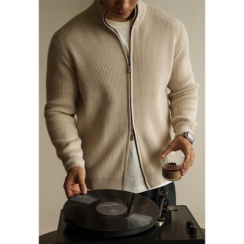 暖奢双拉链加厚提花抗起球针织开衫男士2025秋季休闲立领新款毛衣