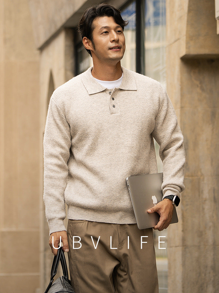 老钱风美式7针仿牛绒亲肤保暖POLO衫男士2025秋冬纹理休闲长袖T恤