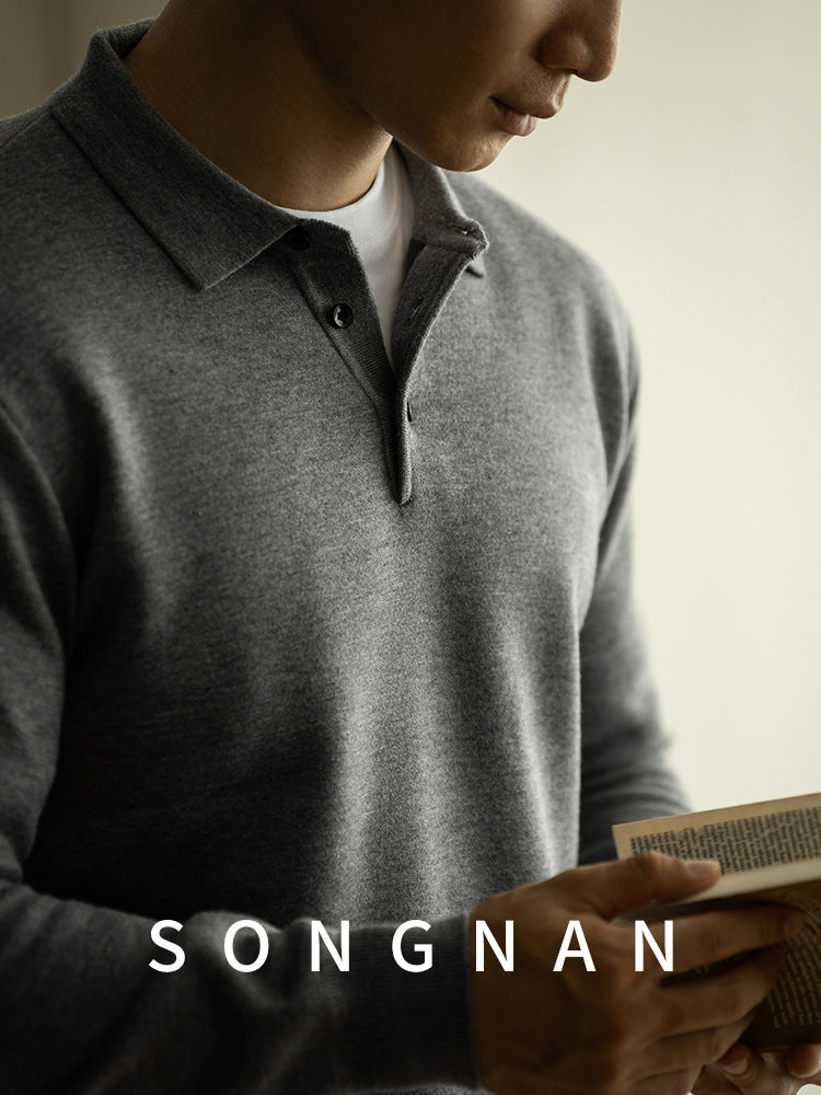 SONGNAN纯色加绒修身长袖POLO衫男士2024秋冬新款轻商务休闲翻领