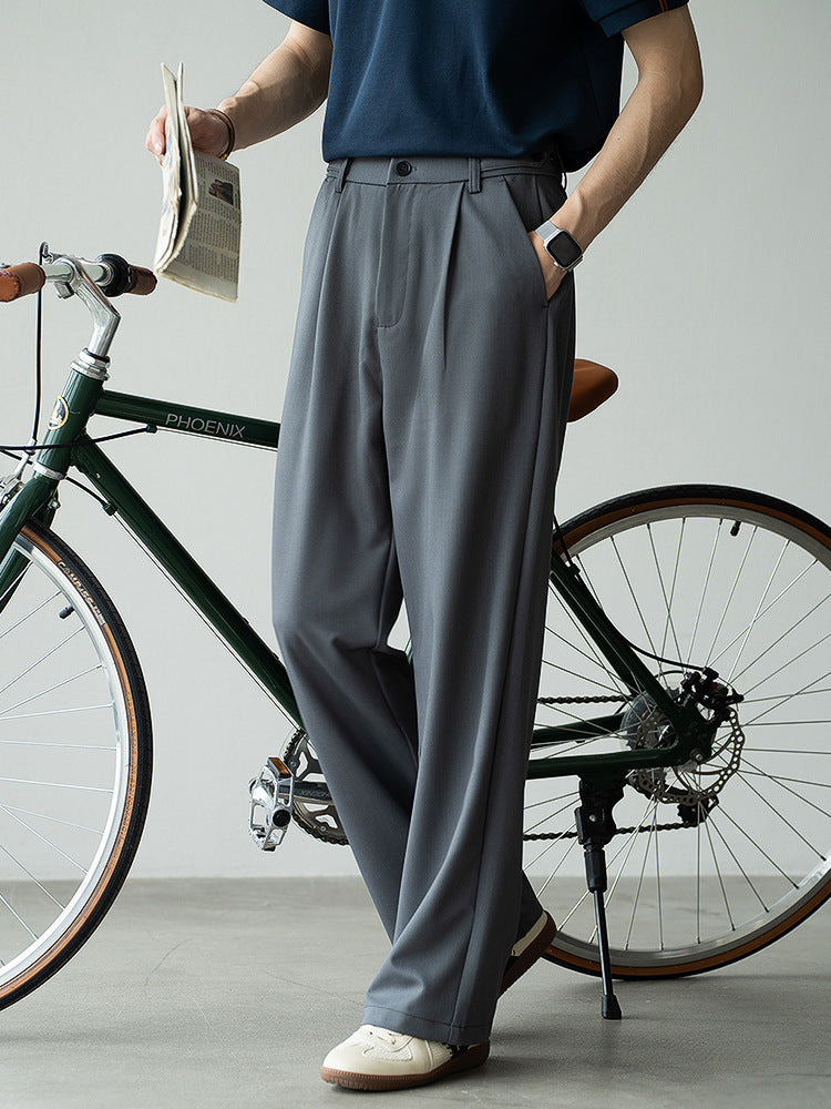 立体压褶天丝羊毛休闲直筒西裤男2025夏垂感显瘦通勤商务新款长裤