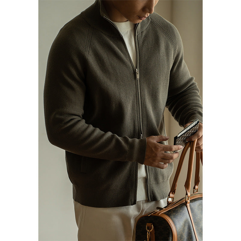 棉羊毛混纺12针插肩袖双拉链针织开衫男士2025秋季半开领新款外套