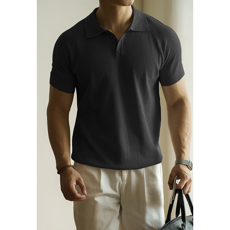 轻商务翻领针织插肩袖POLO衫男款2025夏季网格状纹理休闲新款上衣