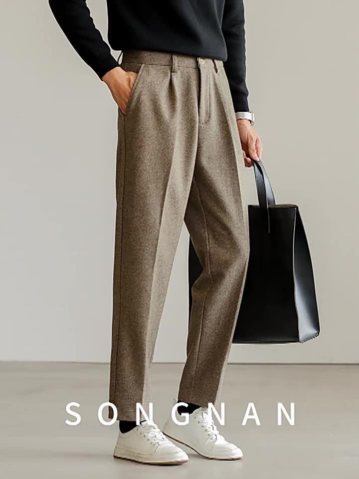 SONGNAN绵羊毛轻熟 休闲西裤直筒秋季 抗皱锥形男士毛呢九分裤子