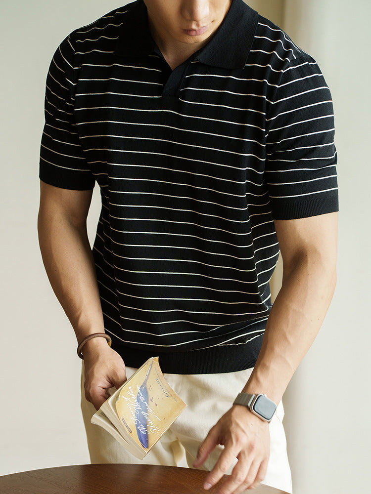 轻商务修身休闲条纹翻领潮流POLO衫男2025夏新款简约运动短袖T恤K