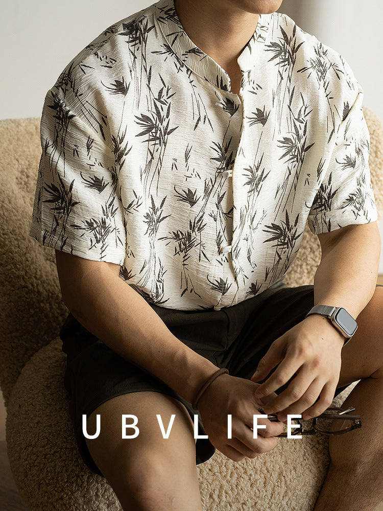 Henley collar short-sleeve shirt