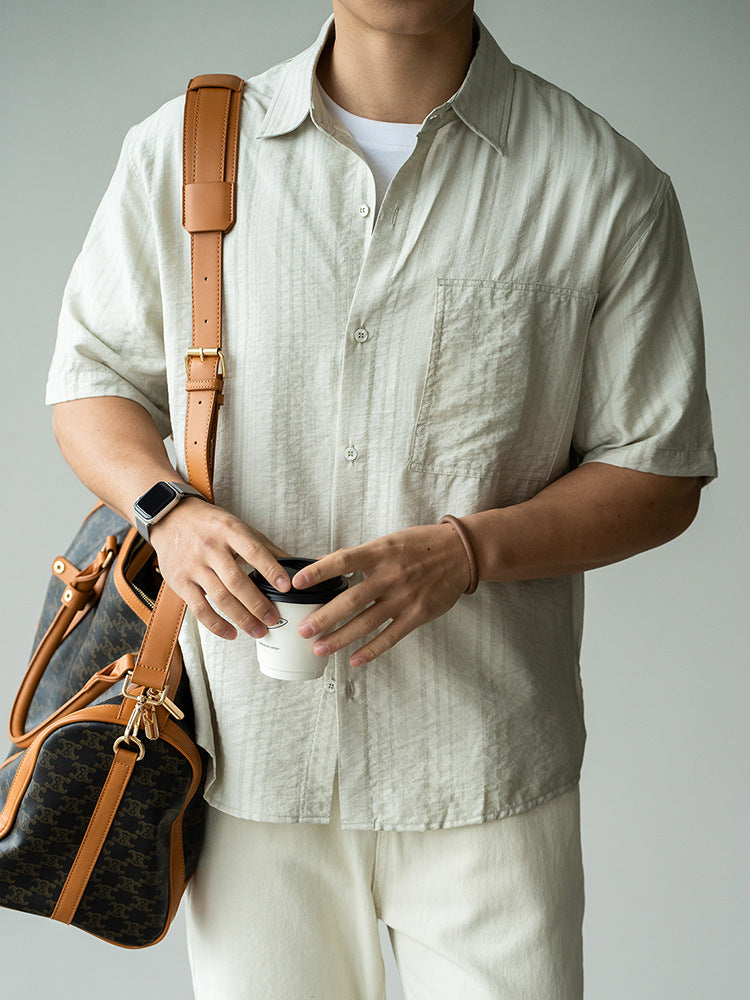 日系莱赛尔天丝褶皱感短袖衬衫男士2025春夏新款度假商务休闲衬衫