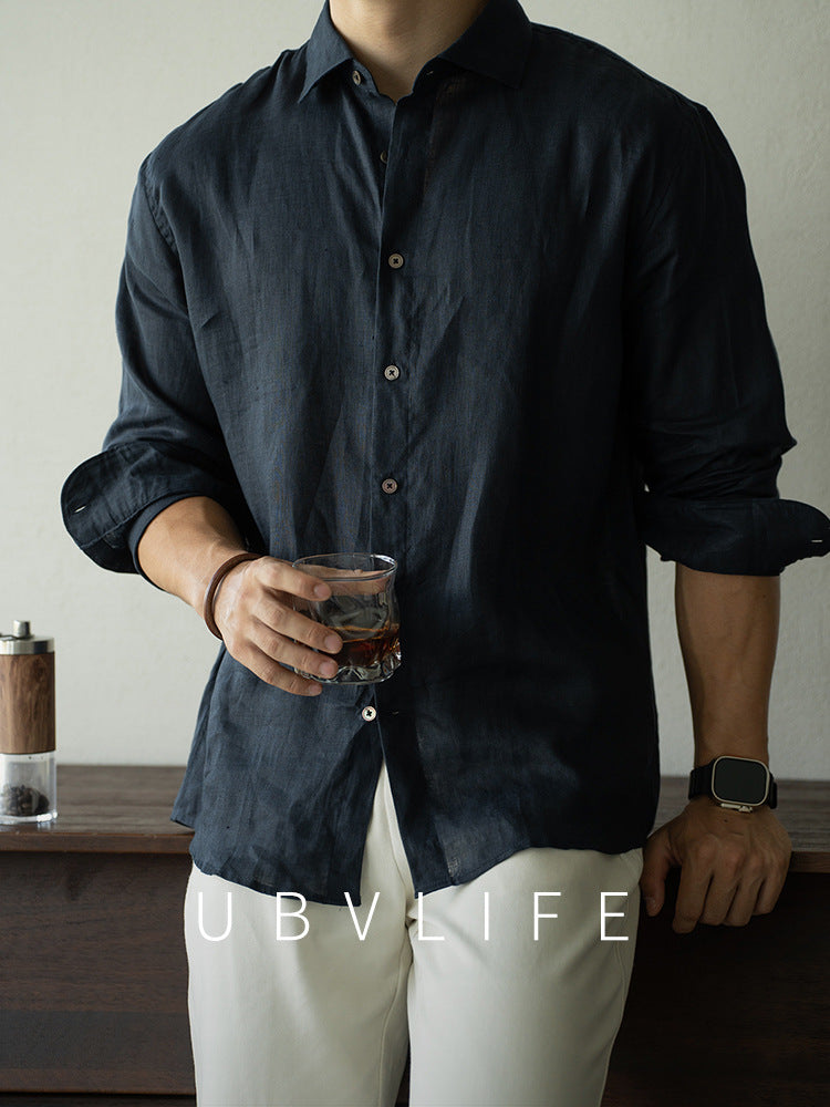 【亚麻】意式老钱风翻领长袖衬衫男士2025秋冬慵懒休闲新款衬衣男