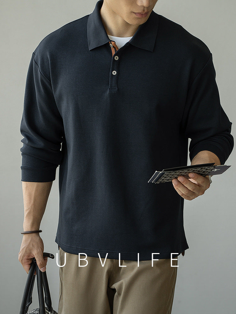 老钱风棉混纺撞色立体空气层翻领POLO衫男士2025秋冬新款长袖T恤