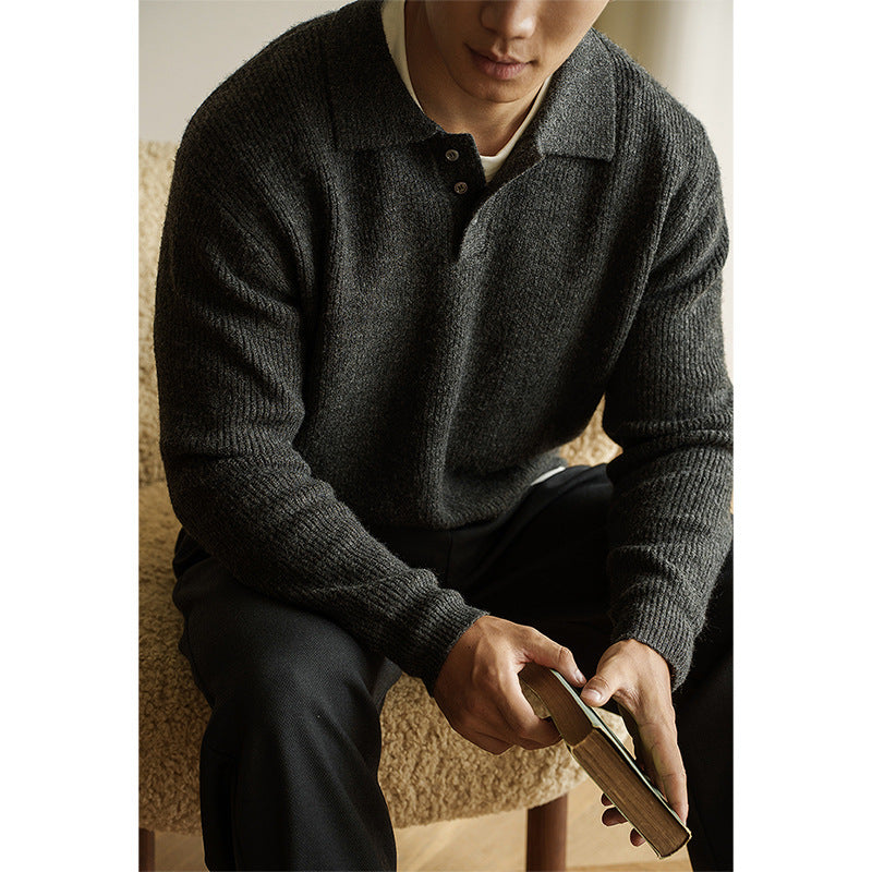 老钱风美式7针仿牛绒亲肤保暖POLO衫男士2025秋冬纹理休闲长袖T恤