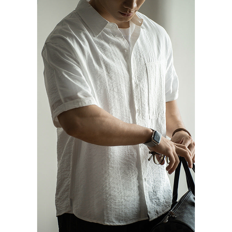 日系莱赛尔天丝褶皱感短袖衬衫男士2025春夏新款度假商务休闲衬衫