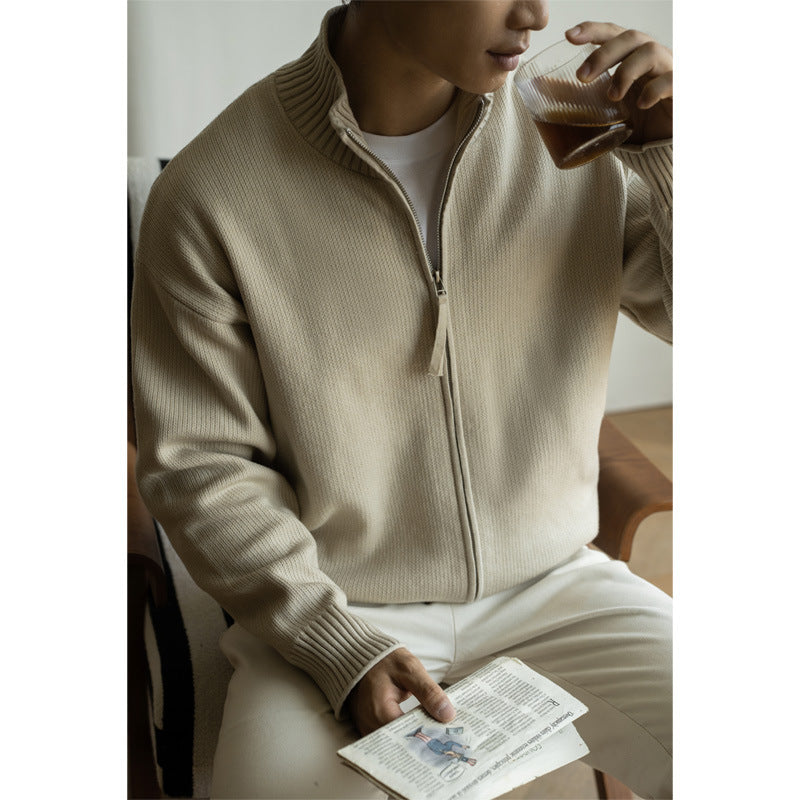 羊毛12针四平打花立领拉链开衫男士2025年秋冬新款老钱风休闲外套