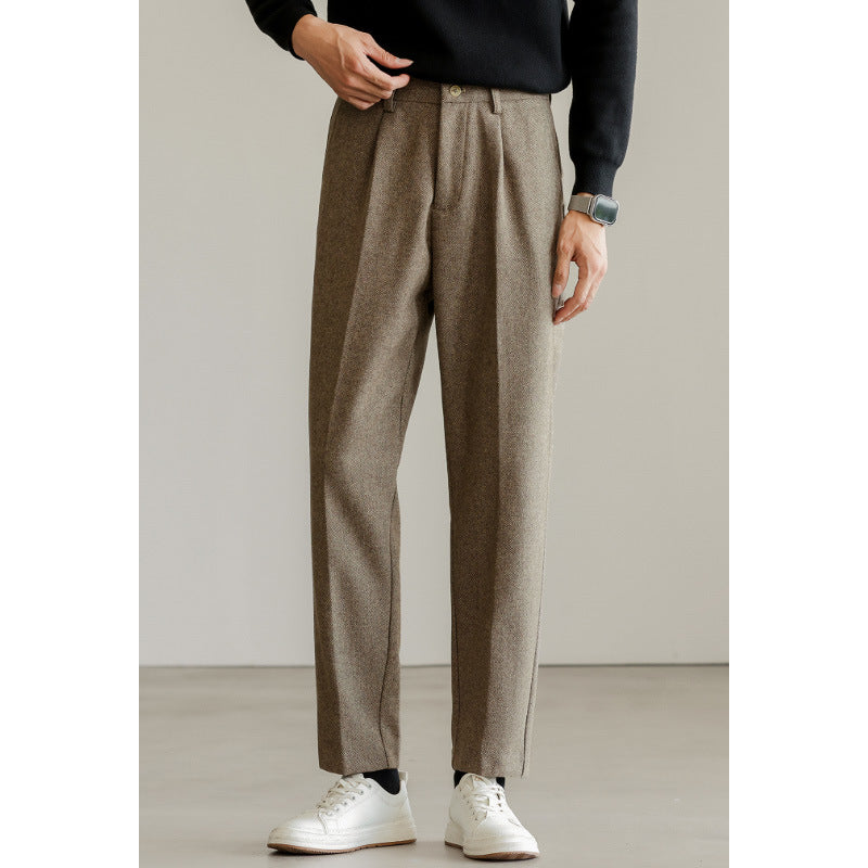 SONGNAN绵羊毛轻熟 休闲西裤直筒秋季 抗皱锥形男士毛呢九分裤子