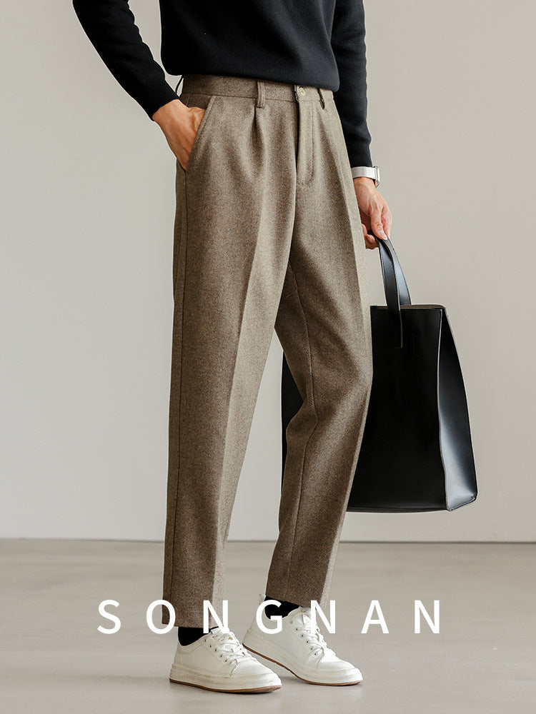 SONGNAN绵羊毛轻熟 休闲西裤直筒秋季 抗皱锥形男士毛呢九分裤子