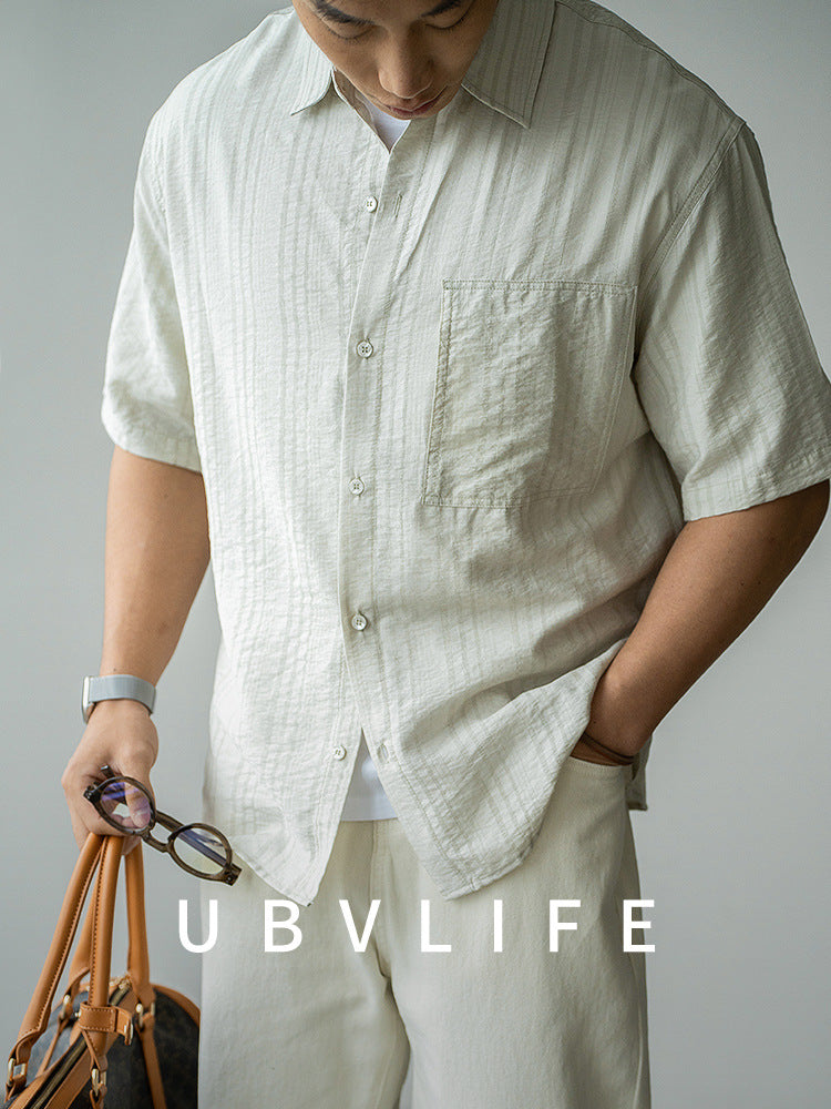 日系莱赛尔天丝褶皱感短袖衬衫男士2025春夏新款度假商务休闲衬衫