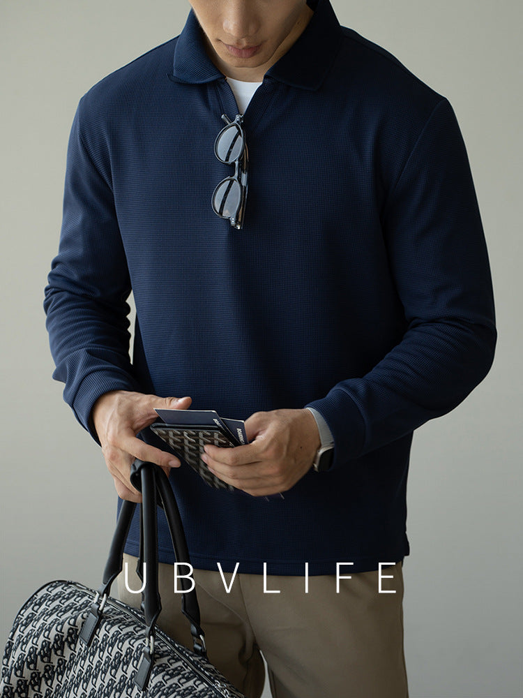 老钱风美式复古华夫格海鸥领长袖T恤男2025秋冬休闲新款POLO衫男