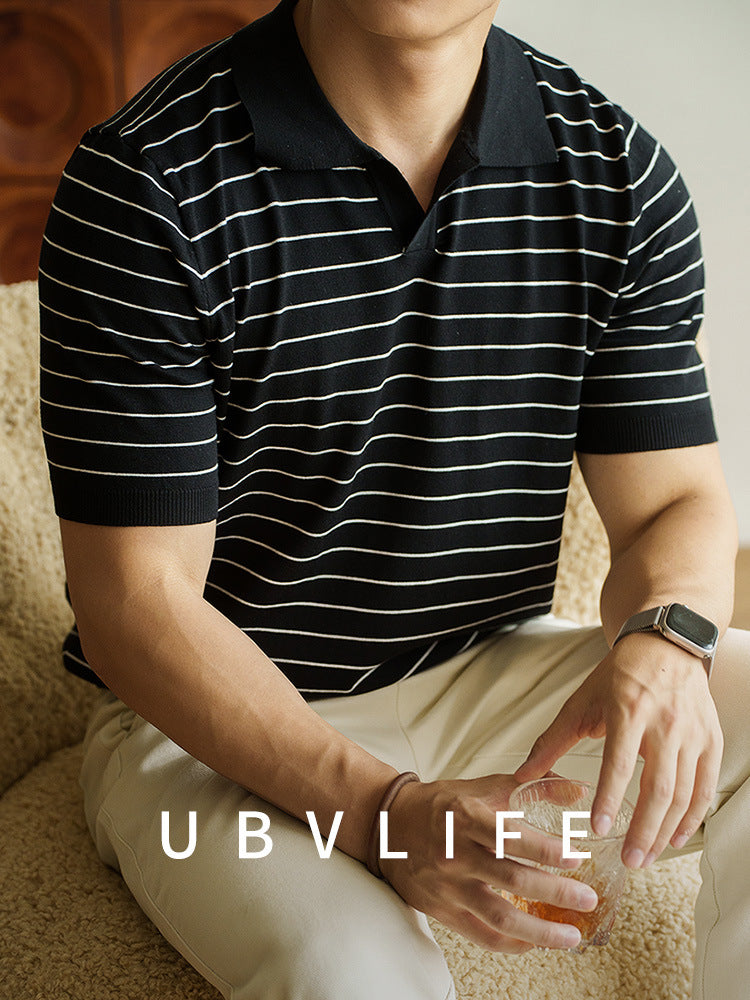 轻商务修身休闲条纹翻领潮流POLO衫男2025夏新款简约运动短袖T恤K