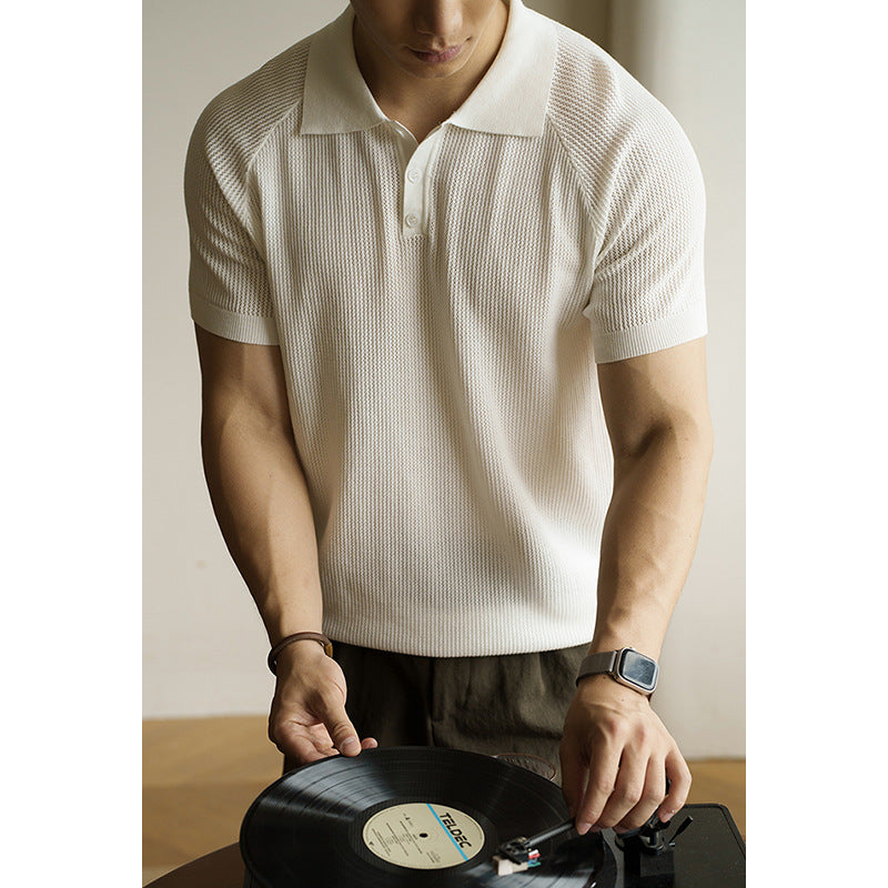 轻商务翻领针织插肩袖POLO衫男款2025夏季网格状纹理休闲新款上衣