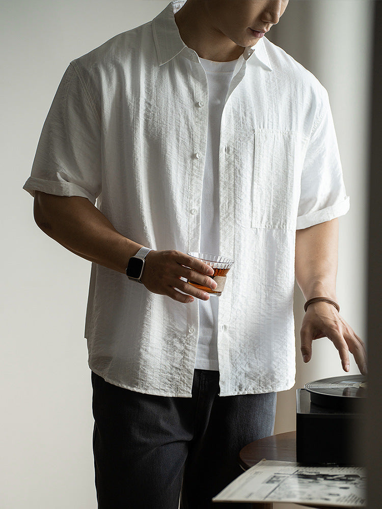 日系莱赛尔天丝褶皱感短袖衬衫男士2025春夏新款度假商务休闲衬衫