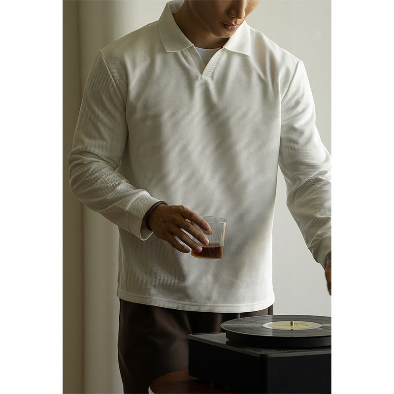 意式老钱风复古华夫格海鸥领POLO衫男士2025秋冬慵懒休闲长袖T恤