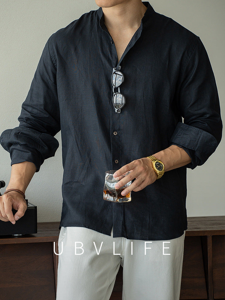 【亚麻】老钱风立领休闲长袖衬衫男士2025秋季透气松弛感新款衬衣