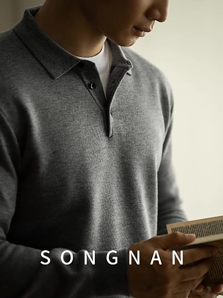 SONGNAN纯色加绒修身长袖POLO衫男士2024秋冬新款轻商务休闲翻领