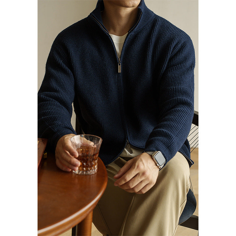 暖奢双拉链加厚提花抗起球针织开衫男士2025秋季休闲立领新款毛衣