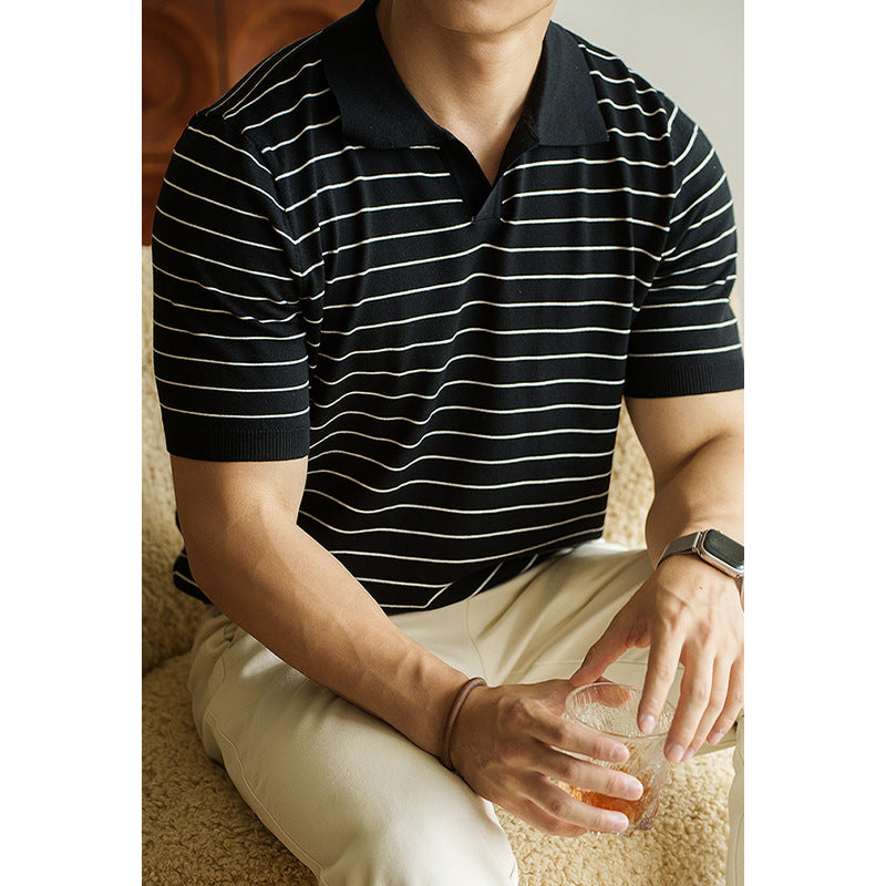 轻商务修身休闲条纹翻领潮流POLO衫男2025夏新款简约运动短袖T恤K