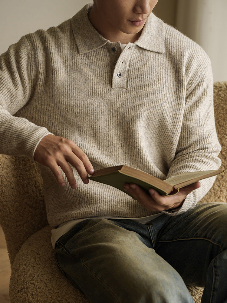 老钱风美式7针仿牛绒亲肤保暖POLO衫男士2025秋冬纹理休闲长袖T恤