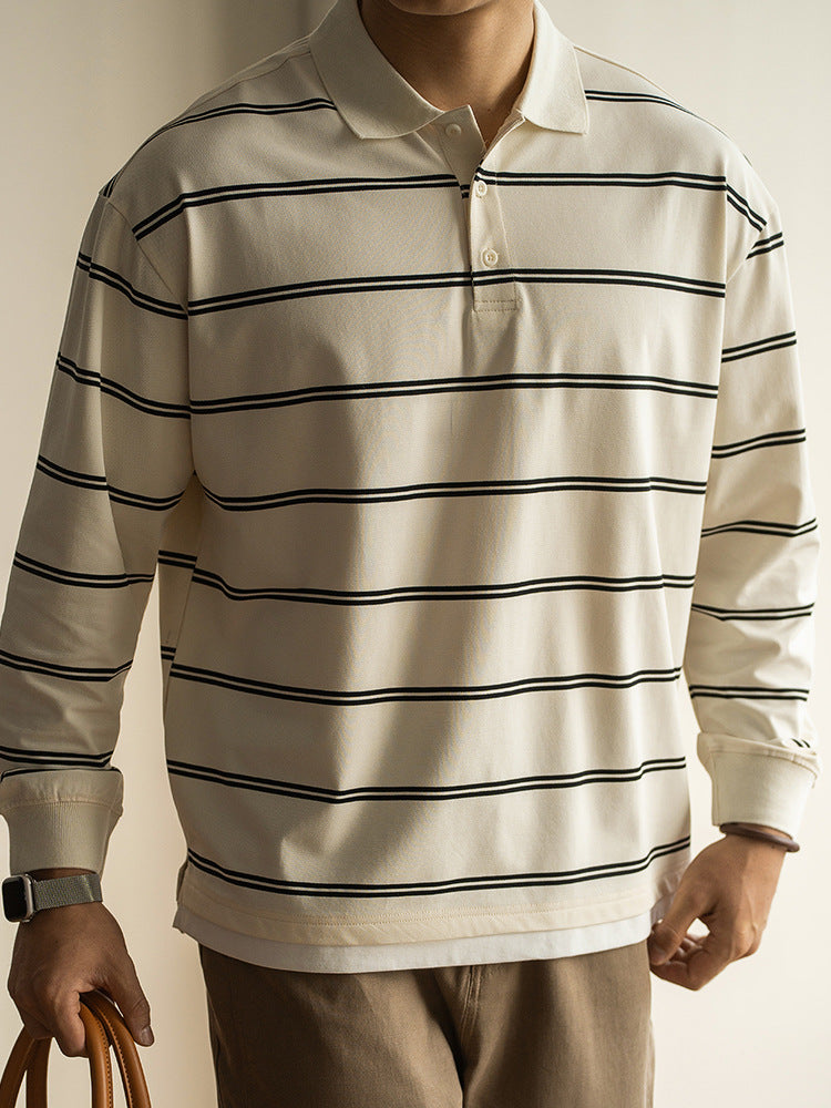 假两件精梳长绒棉微宽松条纹长袖POLO衫男2025新款春季翻领T恤卫