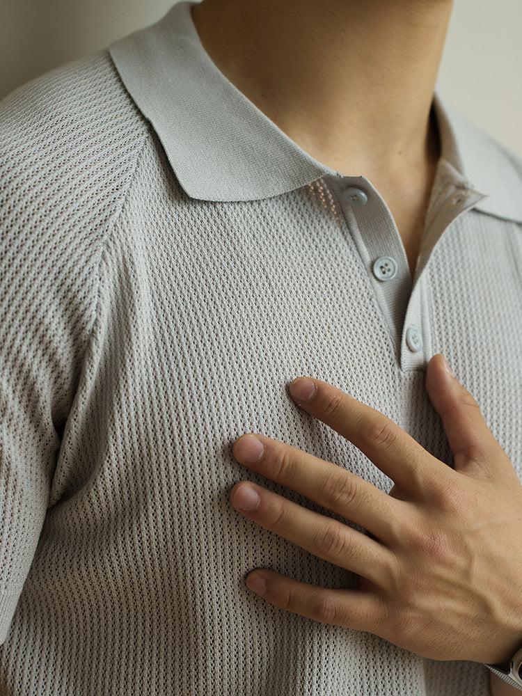 轻商务翻领针织插肩袖POLO衫男款2025夏季网格状纹理休闲新款上衣