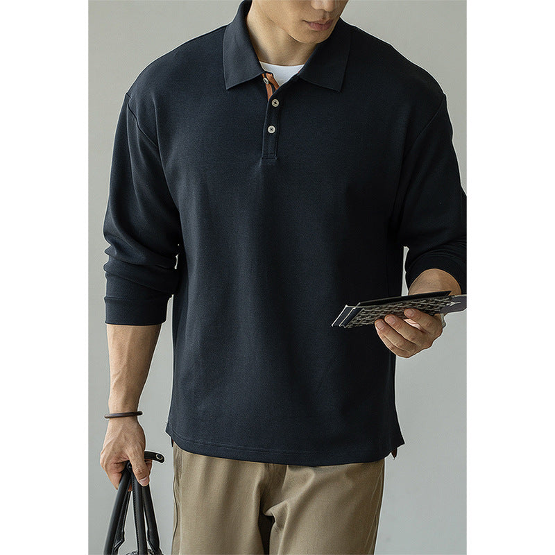 老钱风棉混纺撞色立体空气层翻领POLO衫男士2025秋冬新款长袖T恤