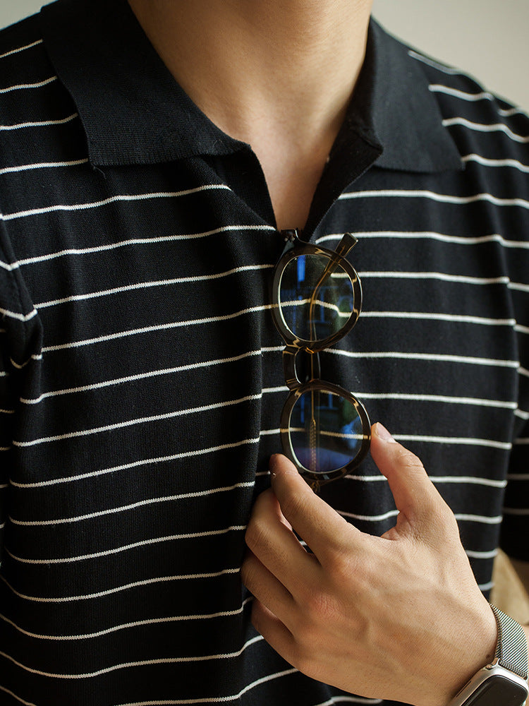 轻商务修身休闲条纹翻领潮流POLO衫男2025夏新款简约运动短袖T恤K