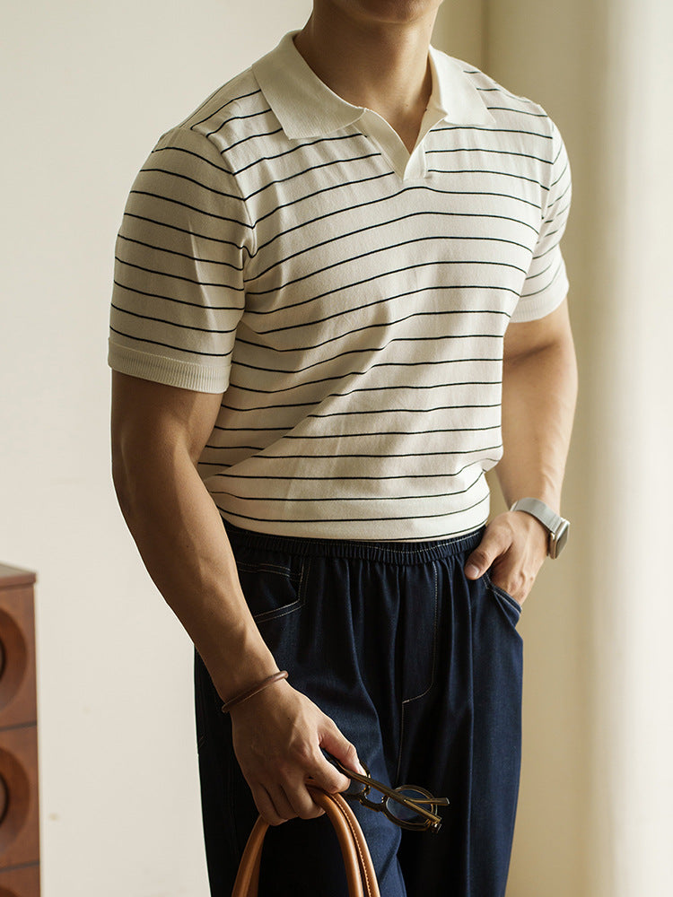 轻商务修身休闲条纹翻领潮流POLO衫男2025夏新款简约运动短袖T恤K