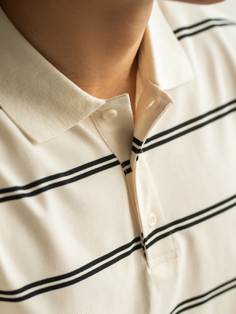 假两件精梳长绒棉微宽松条纹长袖POLO衫男2025新款春季翻领T恤卫