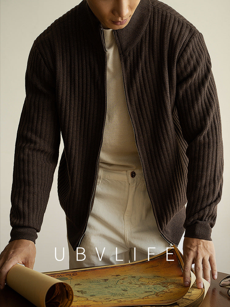 高端桑蚕丝绵羊毛混纺竖条拉链毛衣外套男士2025秋季休闲针织开衫