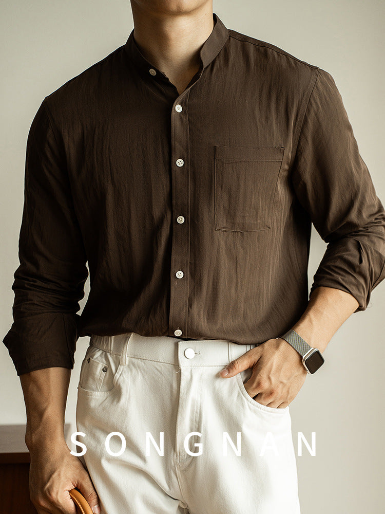 SONGNAN春秋高级感休闲衬衫男士长袖免烫商务通勤新中式立领衬衣
