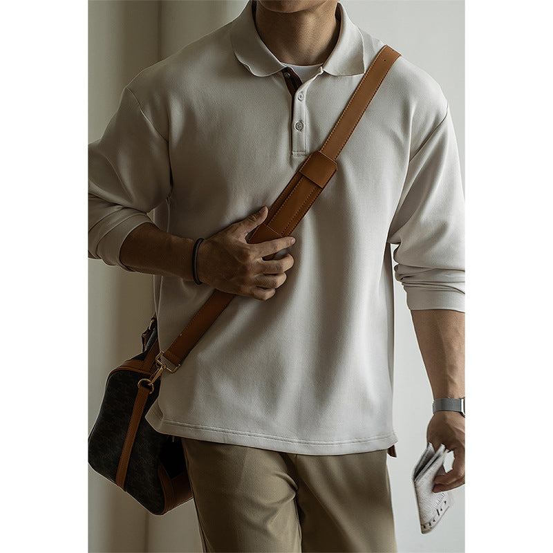 老钱风棉混纺撞色立体空气层翻领POLO衫男士2025秋冬新款长袖T恤