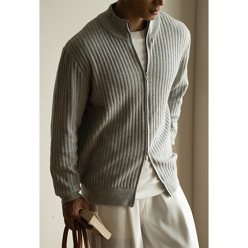高端桑蚕丝绵羊毛混纺竖条拉链毛衣外套男士2025秋季休闲针织开衫