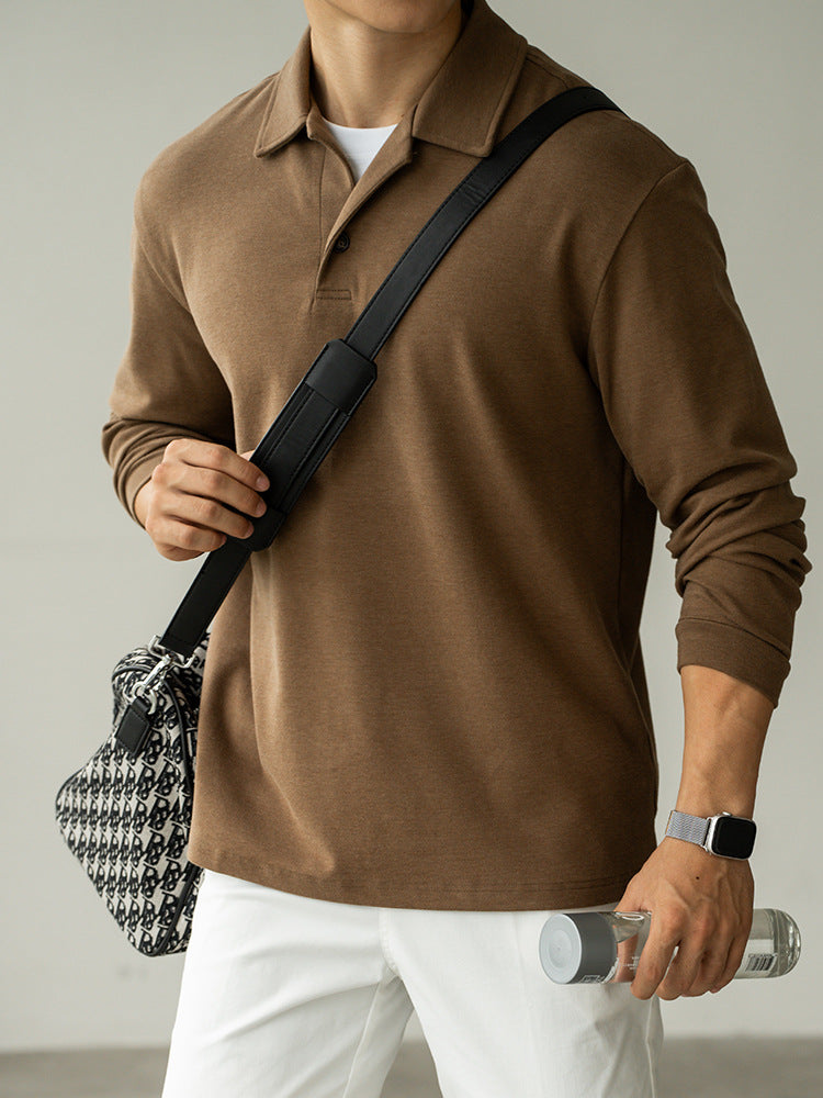 老钱风混纺柔软亲肤长袖POLO衫男士2025秋冬透气休闲宽松长袖T恤