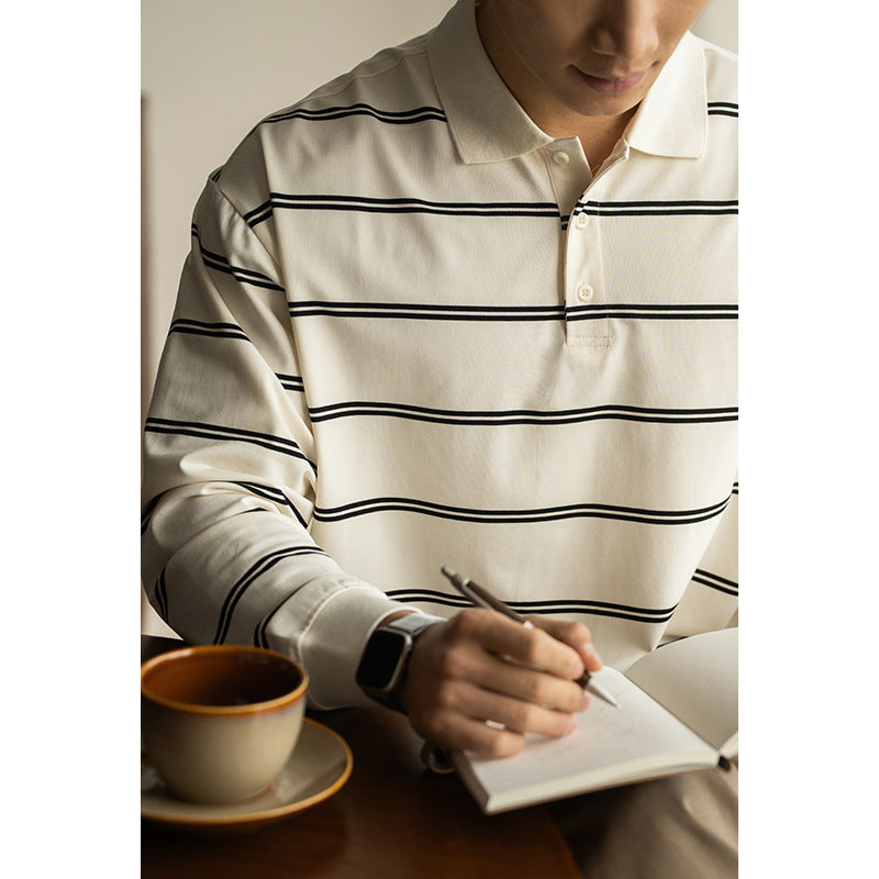 假两件精梳长绒棉微宽松条纹长袖POLO衫男2025新款春季翻领T恤卫