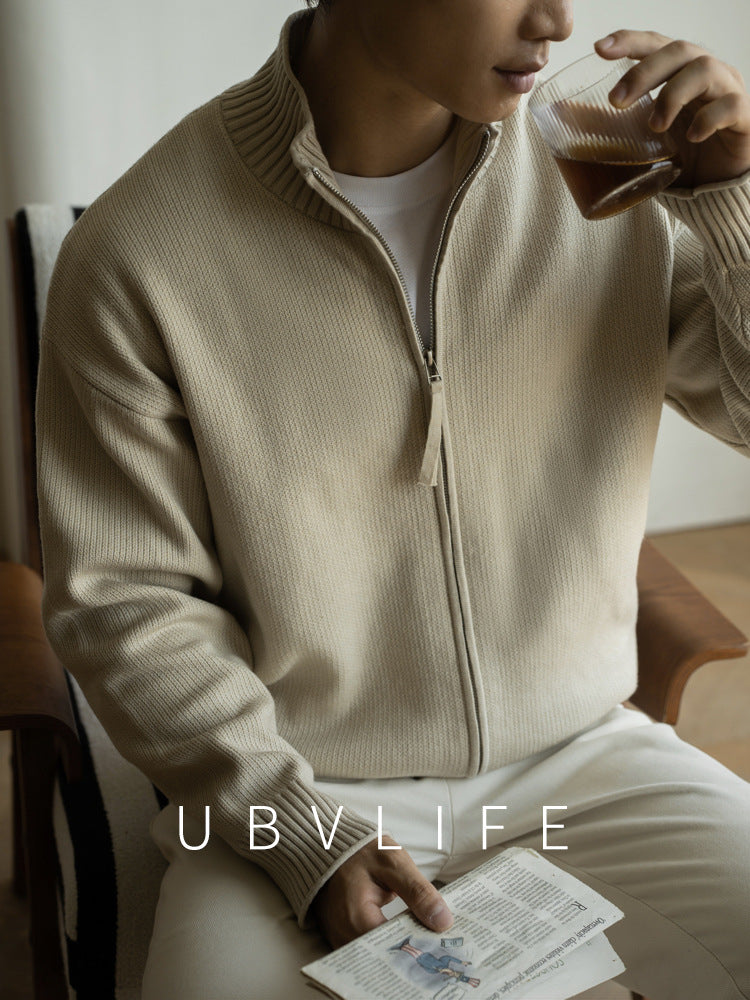 羊毛12针四平打花立领拉链开衫男士2025年秋冬新款老钱风休闲外套