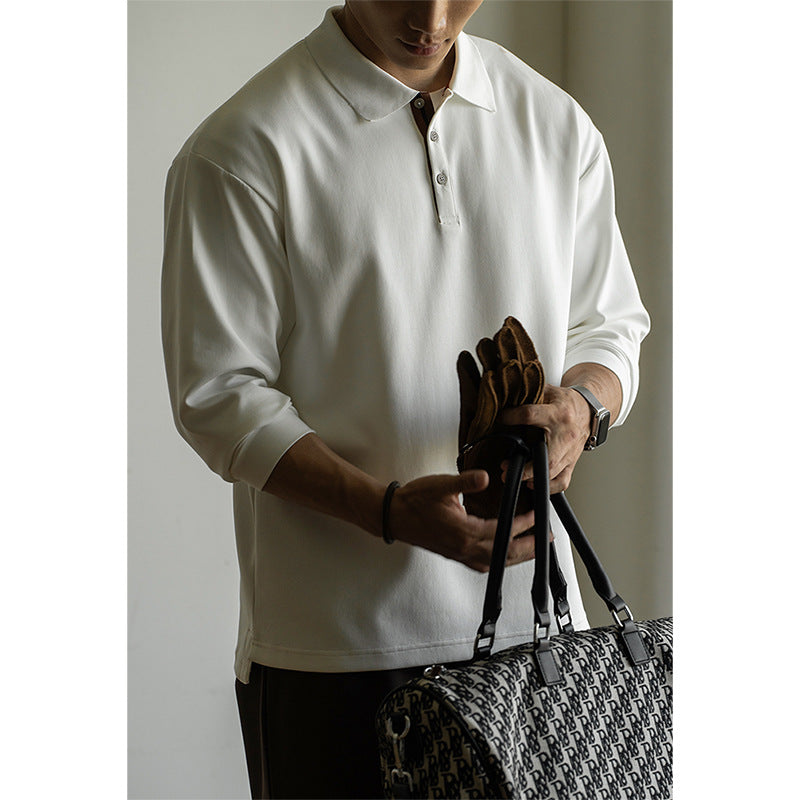 老钱风棉混纺撞色立体空气层翻领POLO衫男士2025秋冬新款长袖T恤