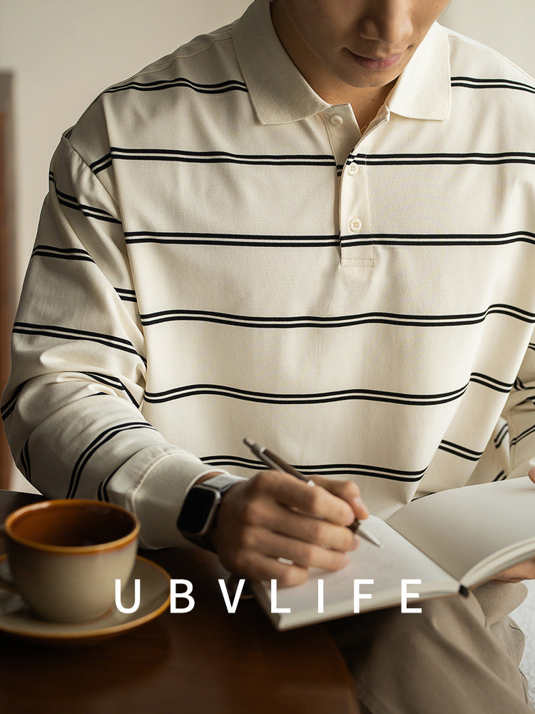 假两件精梳长绒棉微宽松条纹长袖POLO衫男2025新款春季翻领T恤卫