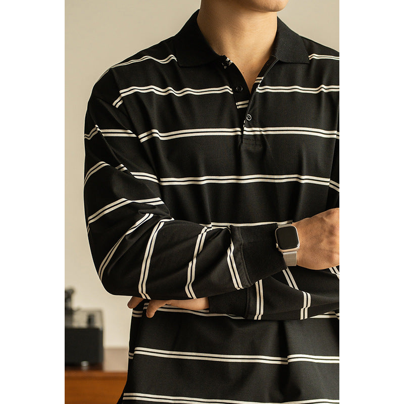假两件精梳长绒棉微宽松条纹长袖POLO衫男2025新款春季翻领T恤卫