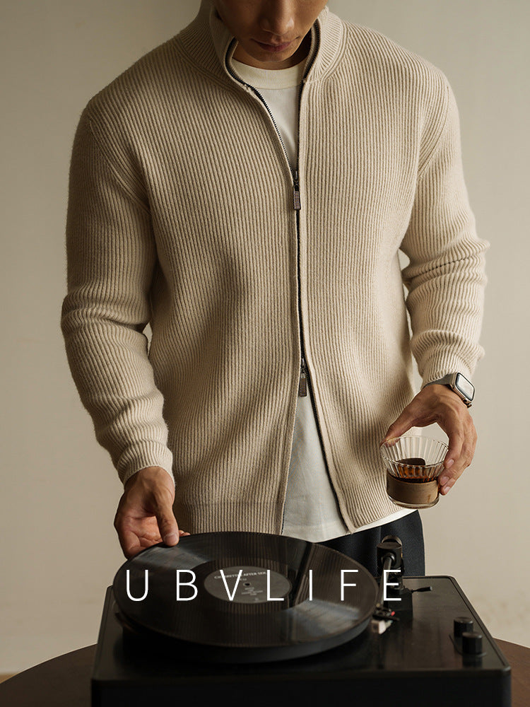 暖奢双拉链加厚提花抗起球针织开衫男士2025秋季休闲立领新款毛衣