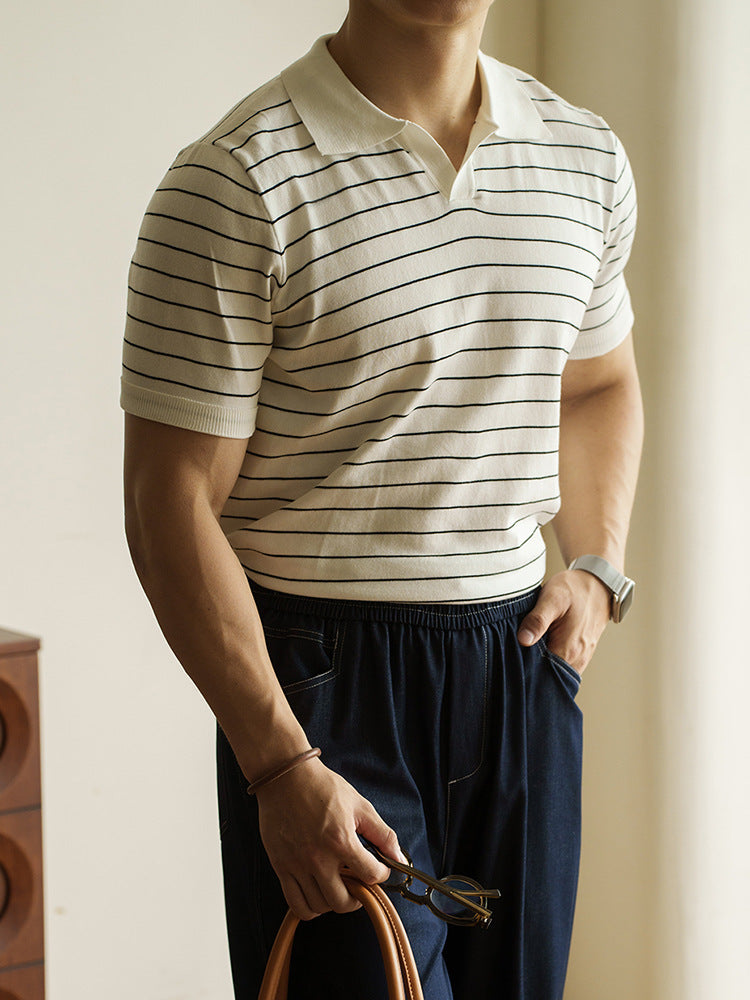 美式条纹翻领潮流POLO衫男2025夏轻商务简约休闲运动新款短袖T恤