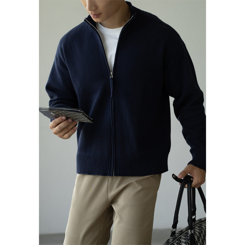 羊毛12针四平打花立领拉链开衫男士2025年秋冬新款老钱风休闲外套