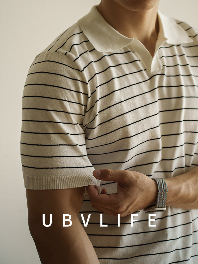 美式条纹翻领潮流POLO衫男2025夏轻商务简约休闲运动新款短袖T恤