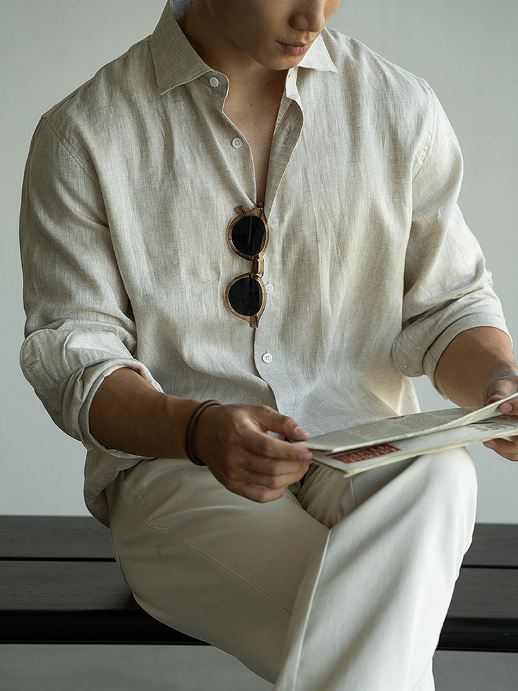 意式亚麻轻盈透气长袖衬衫男士2025年秋季新款慵懒老钱风休闲衬衣