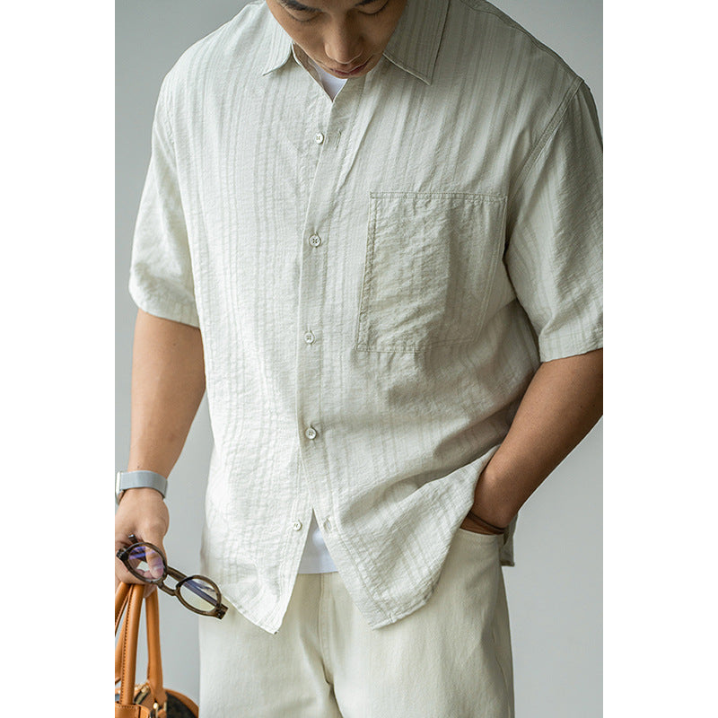 日系莱赛尔天丝褶皱感短袖衬衫男士2025春夏新款度假商务休闲衬衫